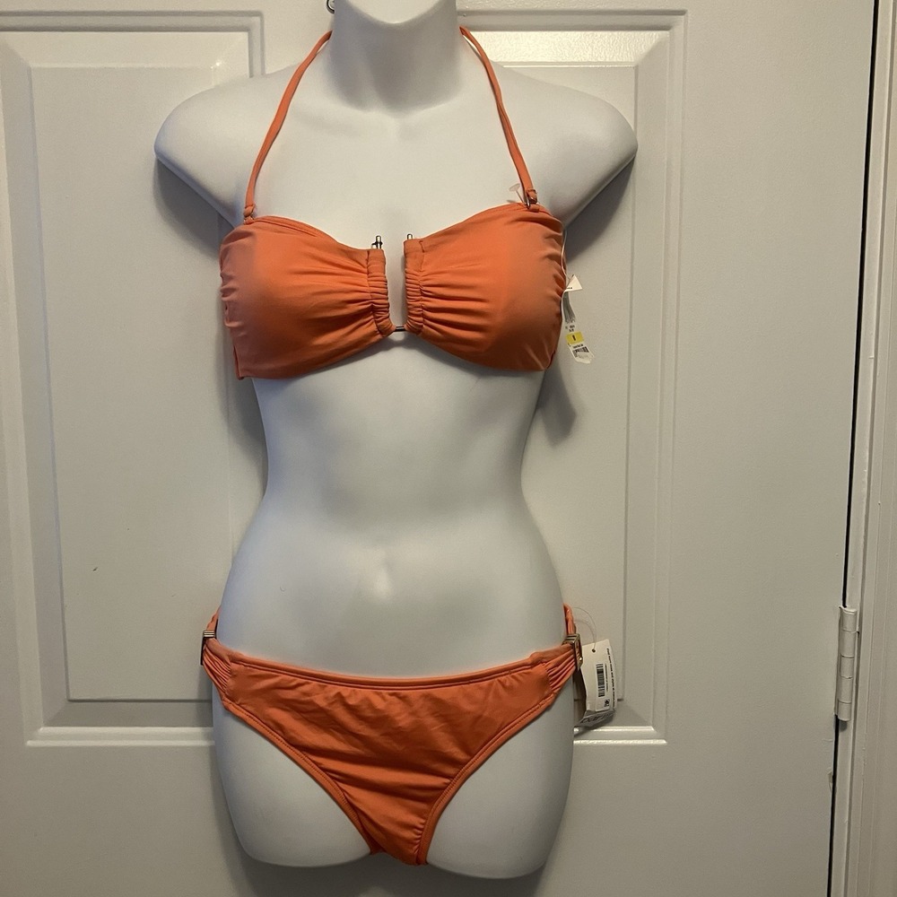 NWT Bar III Sz Medium Coral Orange Bikini Set 2 Piece Padded Bandeau